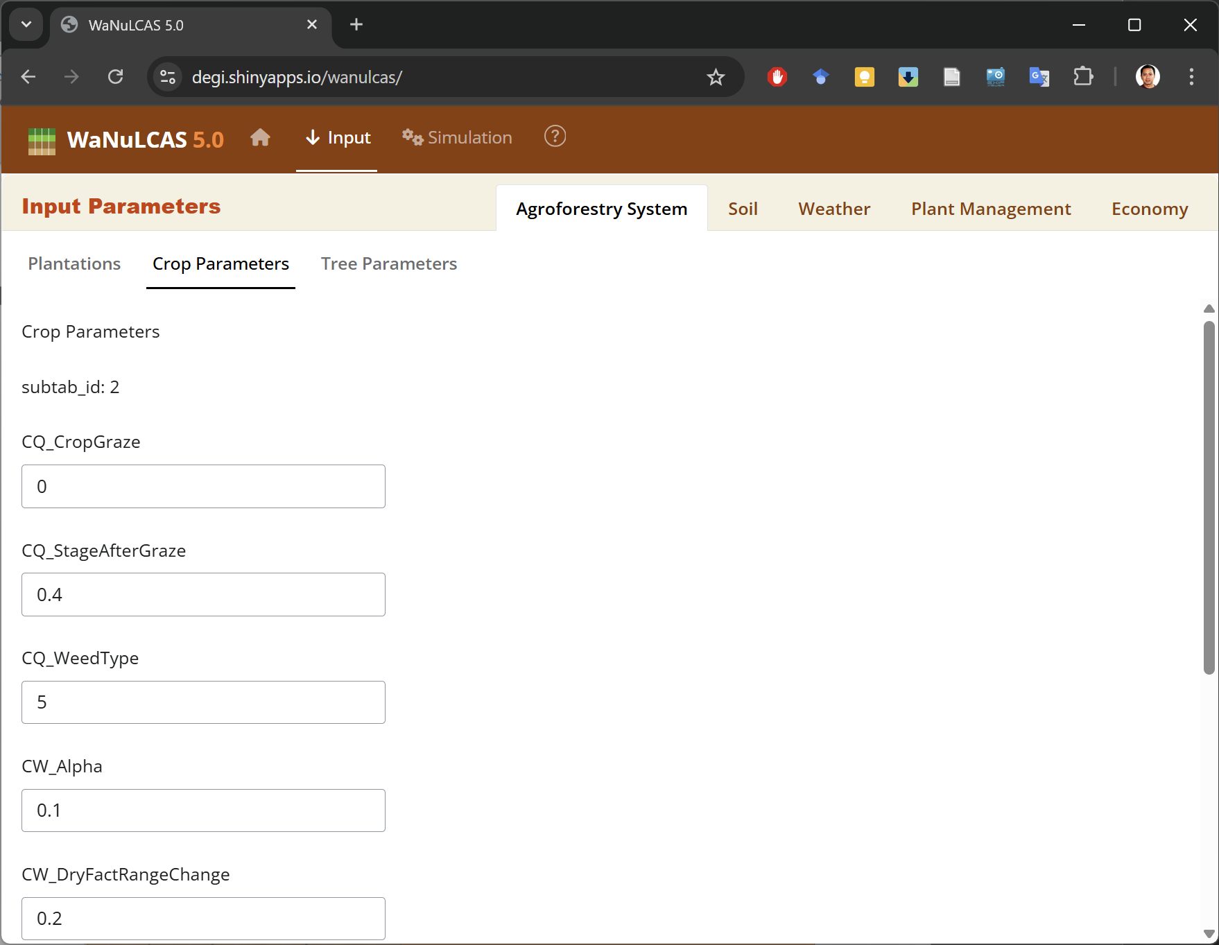 GUI for input parameters in the WaNuLCAS Shiny app