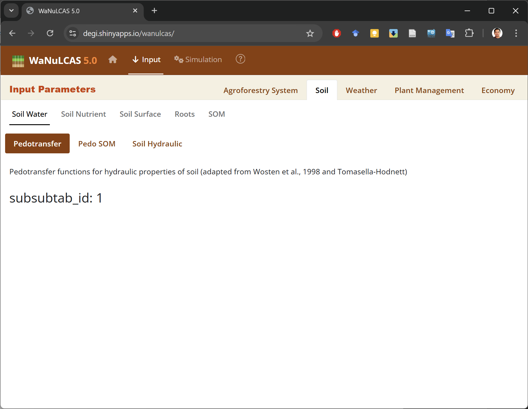 Input parameters displayed in nested tabular windows