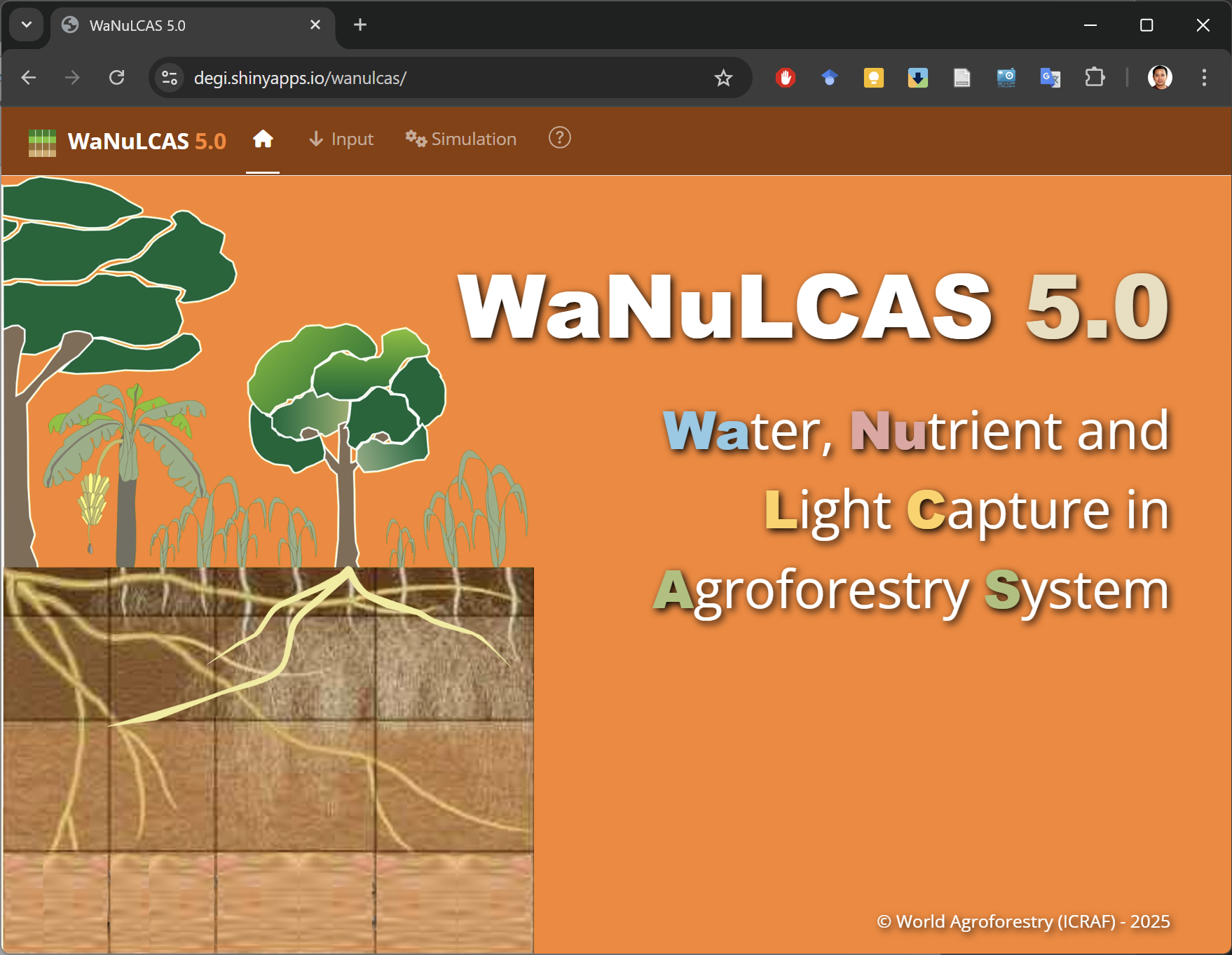 Homepage of the WaNuLCAS 5.0 R-Shiny application